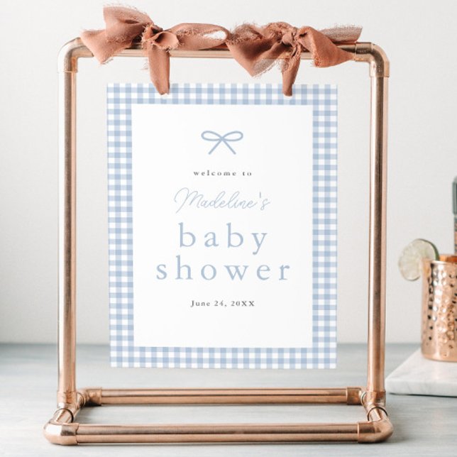 Simple Dusty Blue Gingham Boys Baby Dusche Willkom Poster (Dusty blue bow gingham boys baby shower welcome sign.)