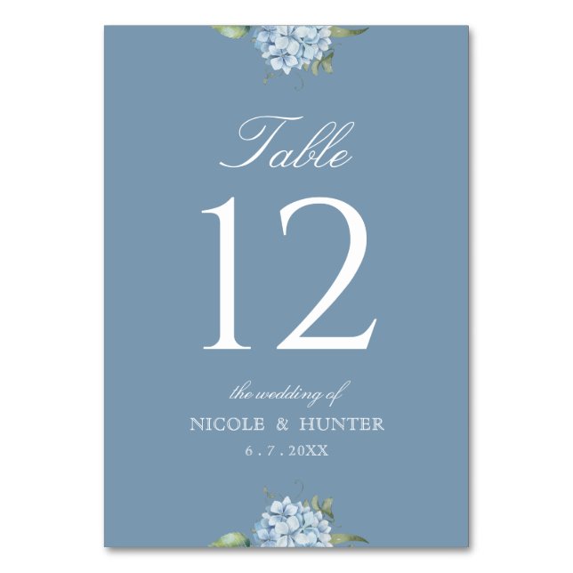 Simple Dusty Blue Hydrangea Wedding Table Number Tischnummer (Vorderseite)