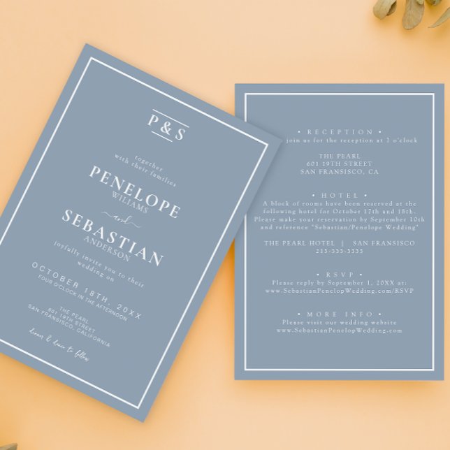  Simple Dusty Blue Monogram All In One Wedding  Einladung (Von Creator hochgeladen)