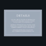 Simple Dusty Blue Monogram Elegant Wedding Begleitkarte<br><div class="desc">Einfache Hochzeitszimmerkarte mit modernem, aber elegantem Design mit Details, die von einem dünnen Rand umgeben sind. Der gesamte Text ist in Weiß auf einem staubigen blauen Hintergrund. Die Schriftart und Hintergrundfarben können durch Anklicken des Buttons "Anpassen" in beliebig viele Farben geändert werden. Ein elegantes und stilvolles Design, das sich ideal...</div>