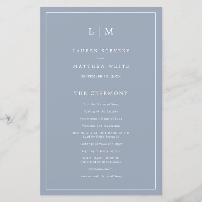 Simple Dusty Blue Monogram Elegant Wedding Program (Vorderseite)