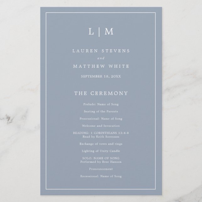 Simple Dusty Blue Monogram Elegant Wedding Program (Vorderseite)