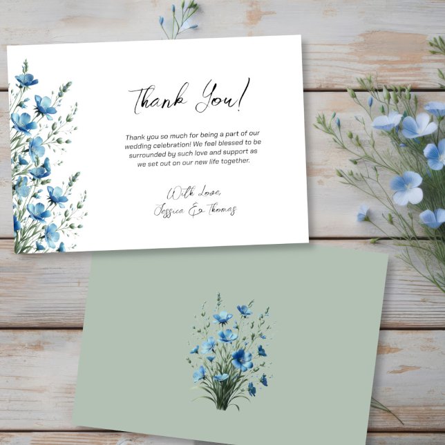 Simple Dusty Blue & Sage Boho Wildflowers Wedding Dankeskarte (Front/Back)