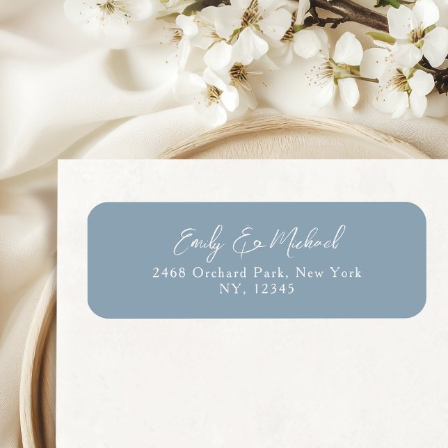 Simple Dusty Blue Script Wedding Return Address (Elegant and minimal white  typography on dusty blue background - a timeless classic)