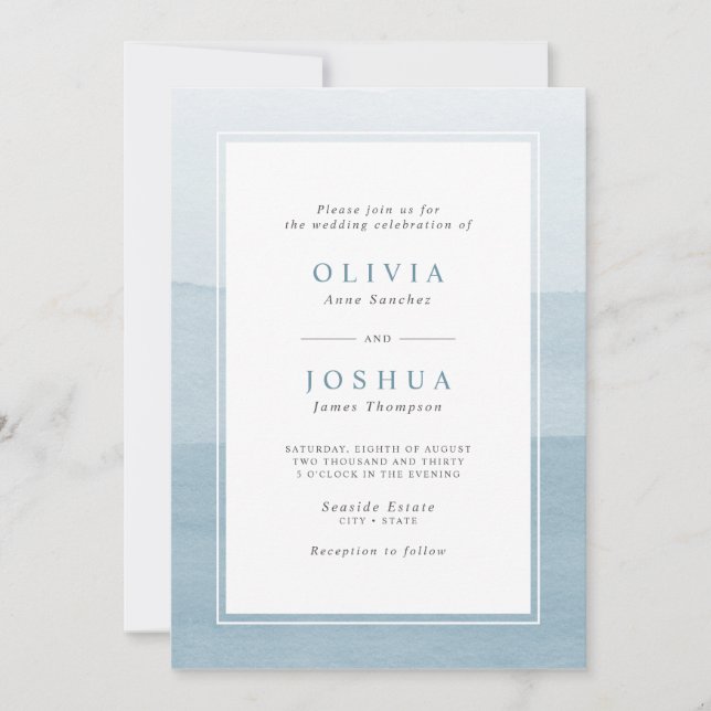 Simple Dusty Blue Watercolor Ombre Wedding Einladung (Vorderseite)