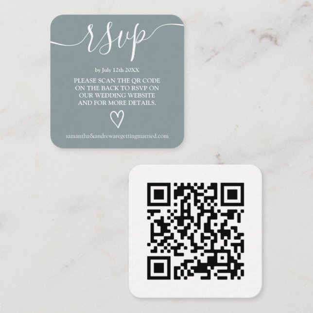 Simple dusty blue wedding rsvp Qr code Begleitkarte (Vorne/Hinten)