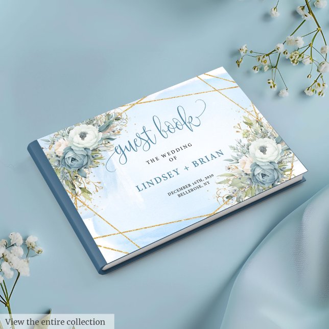 Simple Dusty Blue White Gold Blume Gästebuch (Simple Dusty Blue White Gold Flowers Guest Book)