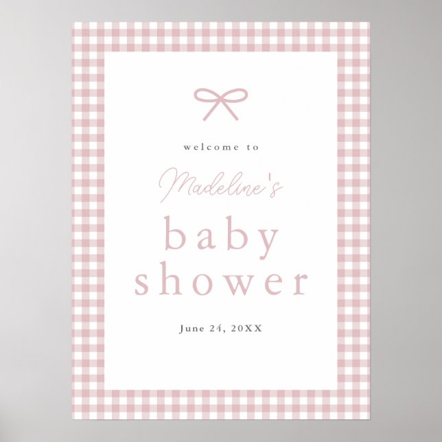 Simple Dusty Pink Gingham Girl Baby Dusche Willkom Poster (Vorne)