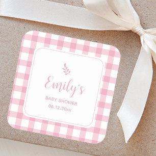 Simple Elegant Baby Pink Gingham Girl Baby Shower Quadratischer Aufkleber
