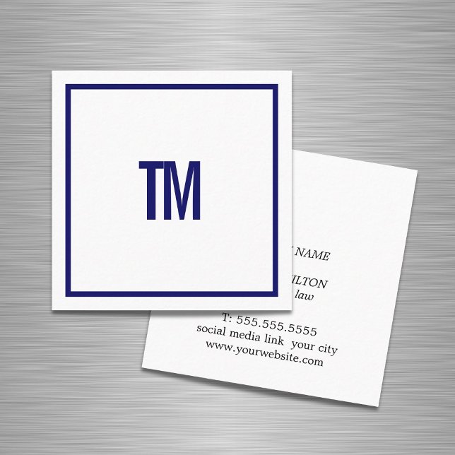 Simple Elegant Blue White Monogram Attorney Quadratische Visitenkarte (Von Creator hochgeladen)
