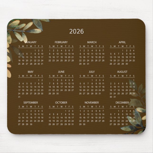 Simple Elegant Botanical 2026 Calendar | Mousepad (Vorne)