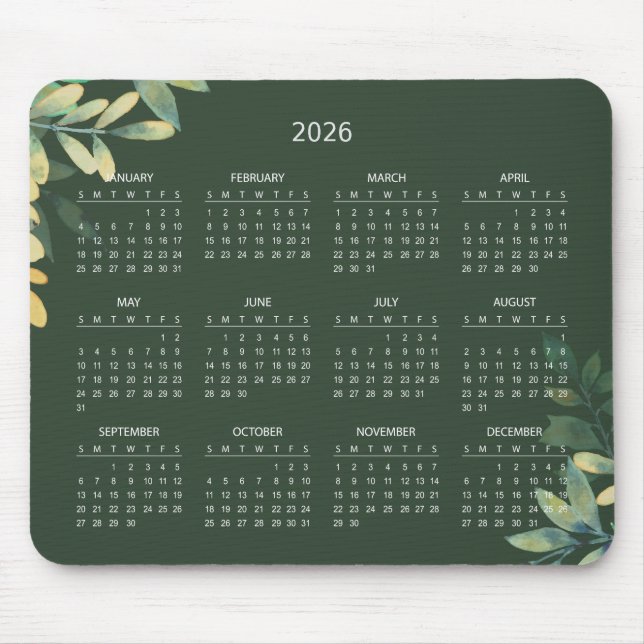 Simple Elegant Botanical 2026 Calendar | Mousepad (Vorne)