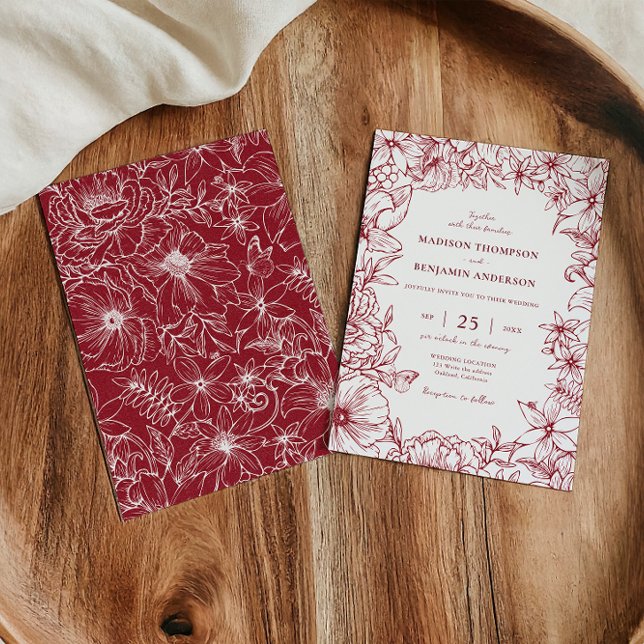 Simple Elegant Burgundy Floral Garden Wedding Einladung (Von Creator hochgeladen)