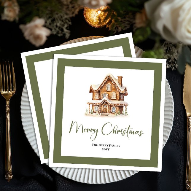 Simple Elegant Christmas House Custom Name Napkins Serviette (Simple Elegant Christmas House Custom Name Napkins)