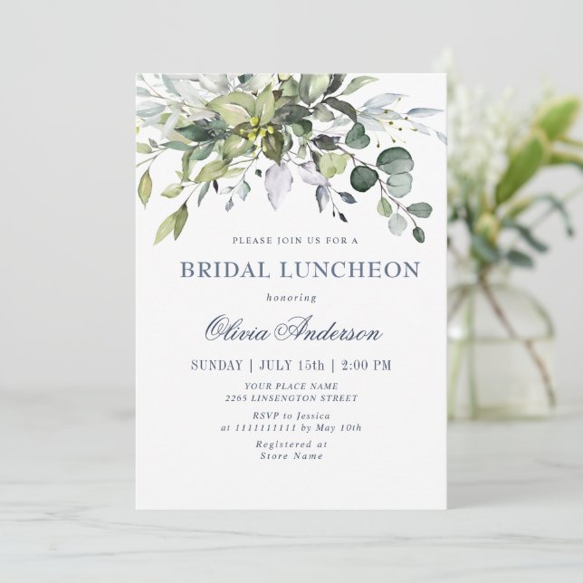 Simple Elegant Eucalyptus BRIDAL LUNCHEON Einladung (Stehend Vorderseite)