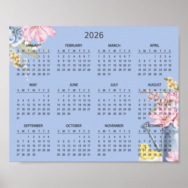 Simple Elegant Floral Botanical 2026 Calendar |  Poster (Vorne)