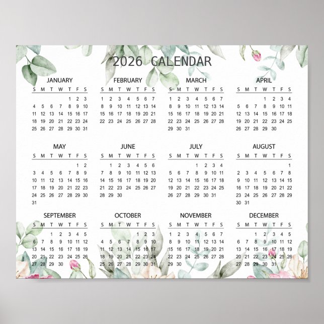 Simple Elegant Floral Botanical 2026 Calendar |  Poster (Vorne)