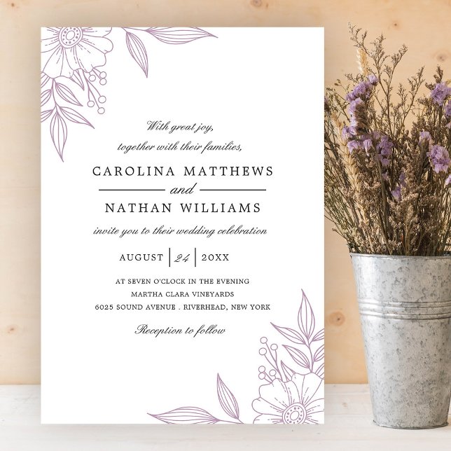 Simple Elegant Floral Corners Wedding Lavender Einladung (Von Creator hochgeladen)
