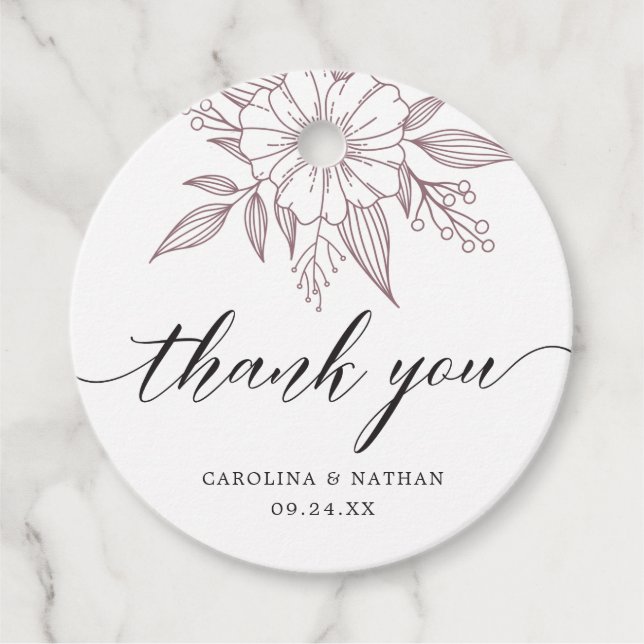 Simple Elegant Floral Wedding Danke Mauve Geschenkanhänger (Vorderseite)