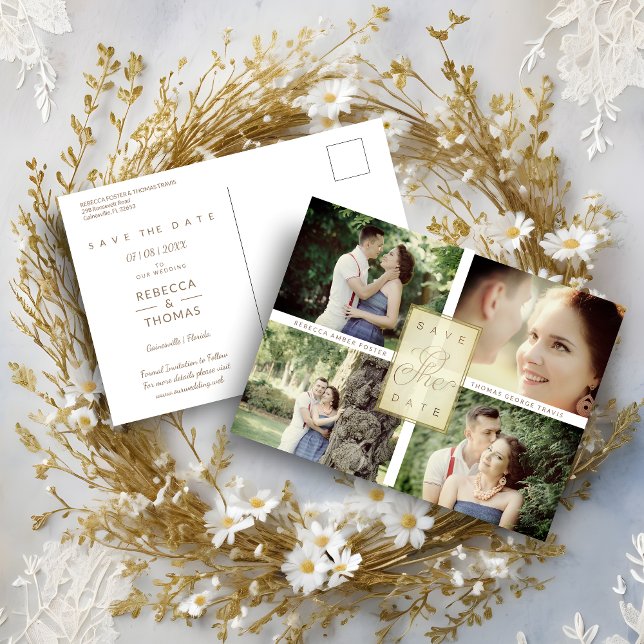Simple Elegant Four Photos Couple in Love Ankündigungspostkarte (Simple Elegant Four Photos Couple in Love Save the Date Card.)