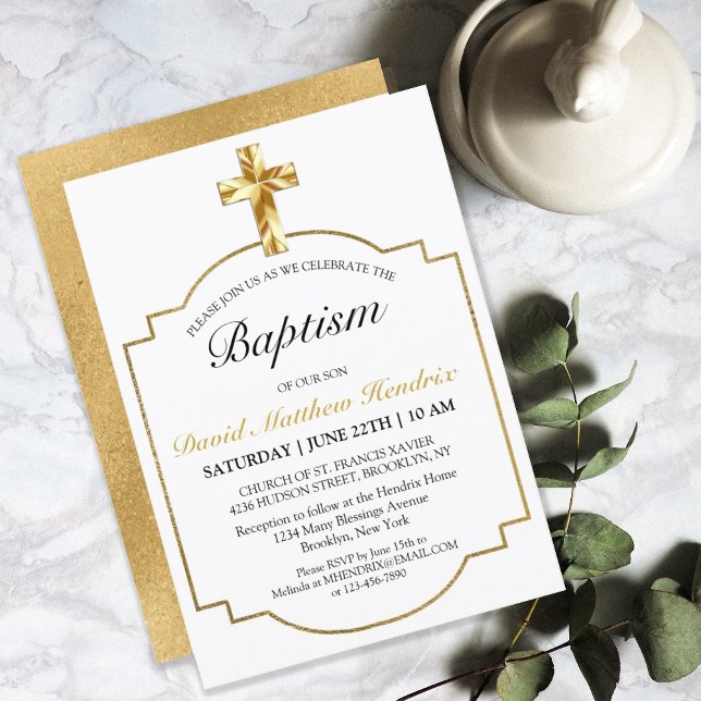 Simple Elegant Gold Cross Boys Baptism  Invitation Einladung (Von Creator hochgeladen)
