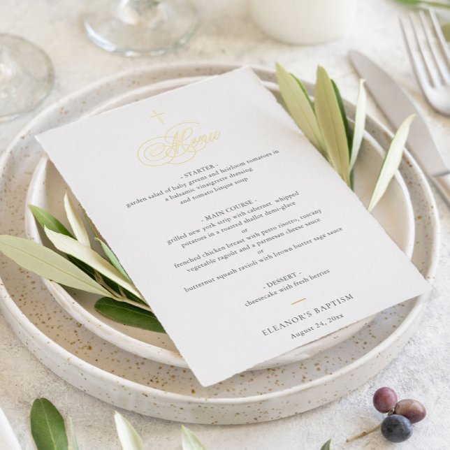 Simple Elegant Gold Cross Calligraphy Baptism Menu Folieneinladung (Von Creator hochgeladen)