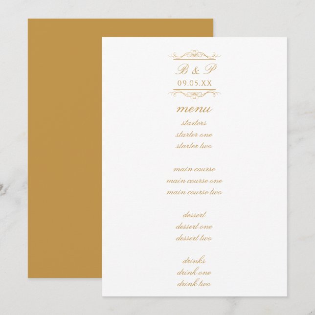 Simple Elegant Gold Monogram Wedding Menu Card (Vorne/Hinten)