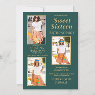 Simple Elegant Green Gold Photo Sweet Sixteen Einladung