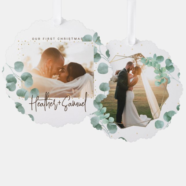 Simple Elegant Greenery Merry and Married Photo Ornament Karte (Vorderseite/Rückseite)