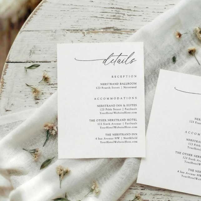 Simple Elegant Handwriting Wedding Details Begleitkarte (modern wedding details card minimalist elegant script reception and hotel accommodations info)