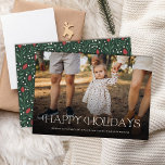 Simple Elegant Happy Holidays Floral Back  Feiertagskarte<br><div class="desc">This beautiful holiday photo card features stylish, modern typography on the bottom, reading, "Happy Holidays" in ivory. A dark gradient overlay allows the text to stand out against any photo. The back of the card contains a hand drawn floral and greenery pattern in traditional colors of red, green, and ivory...</div>