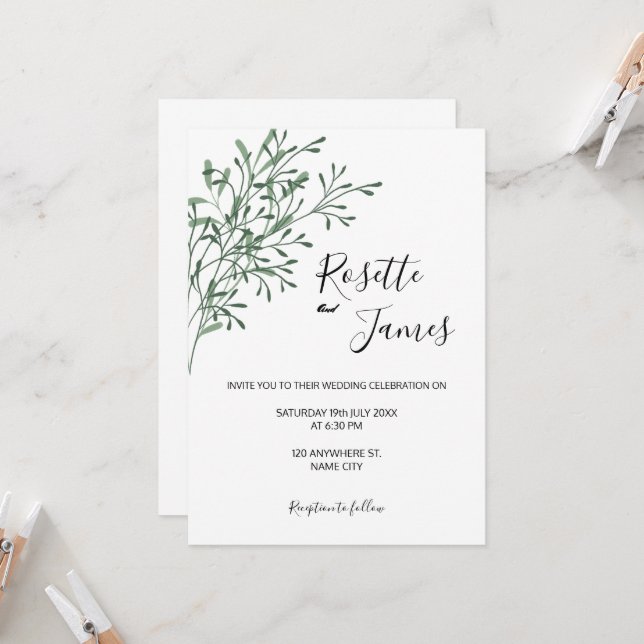 Simple Elegant Modern Greenery wedding Invitation Einladung (Vorderseite/Rückseite Beispiel)