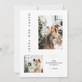 Simple Elegant Modern Happy New Year Two Photo Feiertagskarte