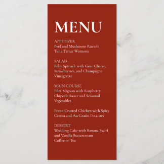 Simple Elegant Modern Wedding Menu Red Menükarte