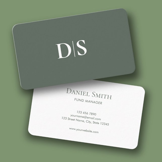 Simple Elegant Muted Green White with Initials Visitenkarte (Simple Elegant Muted Green White with Initials Business Card)