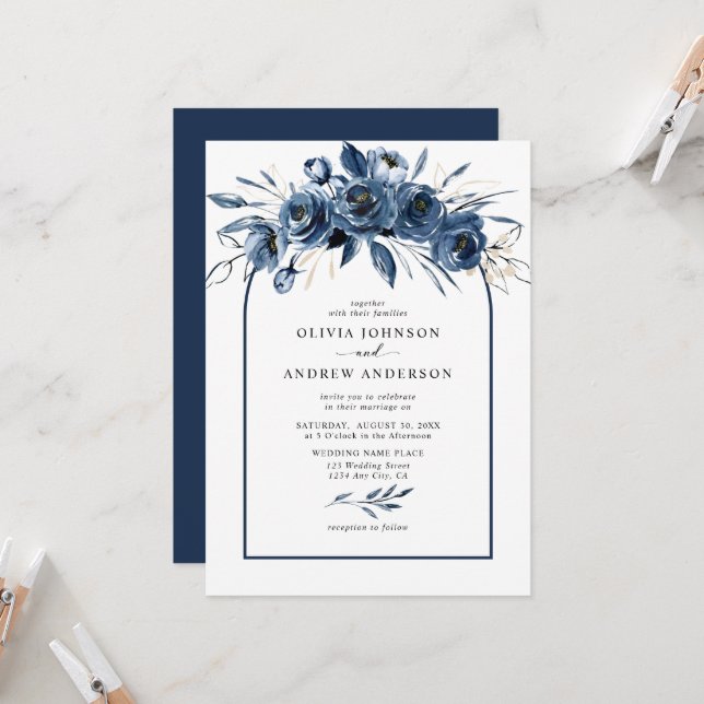 Simple Elegant Navy Blue Boho Floral Arch Wedding Einladung (Vorderseite/Rückseite Beispiel)