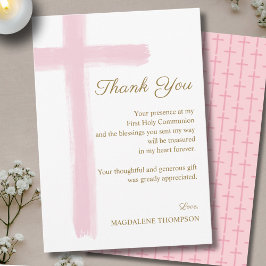 Simple Elegant Pink Cross First Holy Communion Dankeskarte
