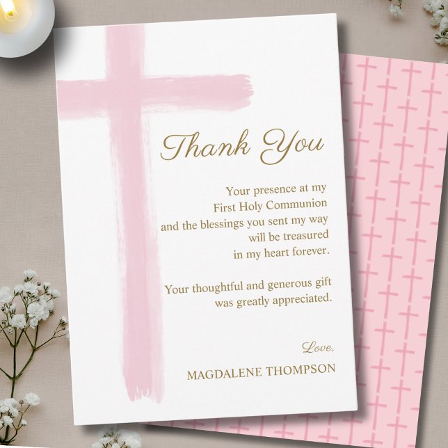 Simple Elegant Pink Cross First Holy Communion  Dankeskarte (Von Creator hochgeladen)
