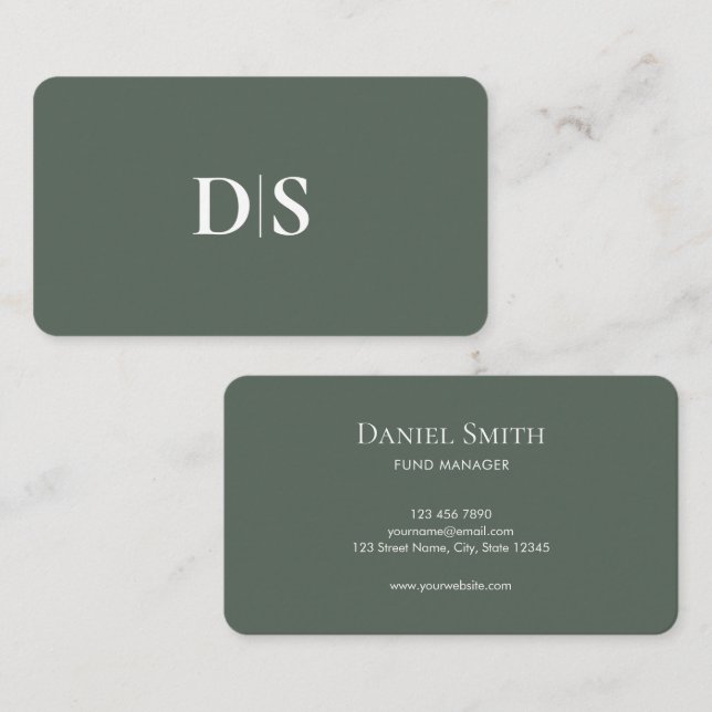 Simple Elegant Professionals Muted Green Initials Visitenkarte (Vorne/Hinten)
