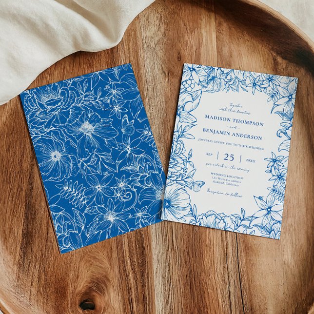 Simple Elegant Royal Blue Floral Garden Wedding Einladung (Von Creator hochgeladen)