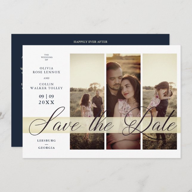 Simple Elegant Script 3 Photos Couple in Navy Save The Date (Vorne/Hinten)