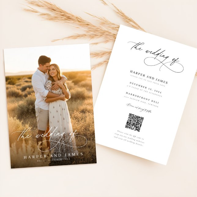 Simple Elegant Script QR Code Photo Budget Wedding Einladung (Von Creator hochgeladen)