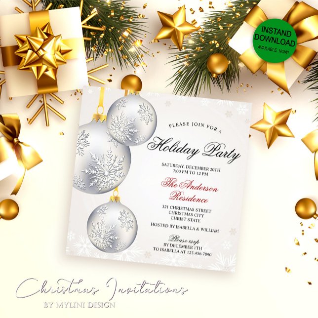 Simple Elegant Silver Baubles Weihnachts-Party Einladung (Von Creator hochgeladen)