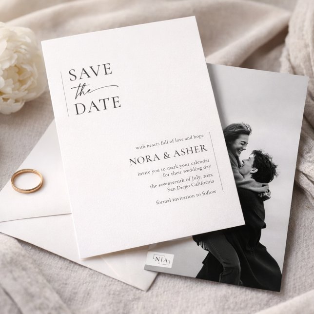 Simple Elegant Text and Photo | Monogram Wedding Save The Date (Von Creator hochgeladen)