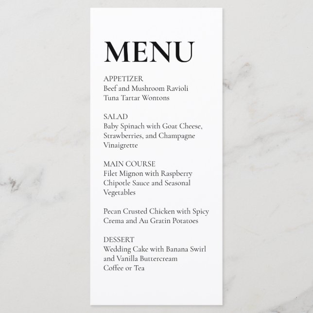 Simple Elegant Wedding Menu Black and White Menükarte (Vorderseite)