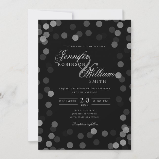 Simple Elegant Wedding Silver Confetti Black Einladung (Vorderseite)
