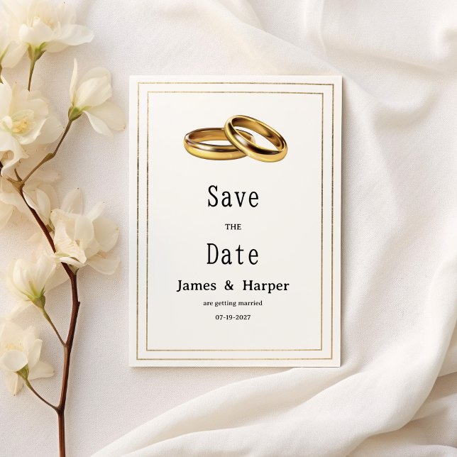 Simple elegant white and gold rings Save the Date Einladung (Simple elegant white and gold rings Save the Date )