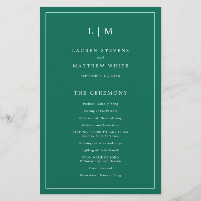 Simple Emerald Green Elegant Wedding Program (Vorderseite)