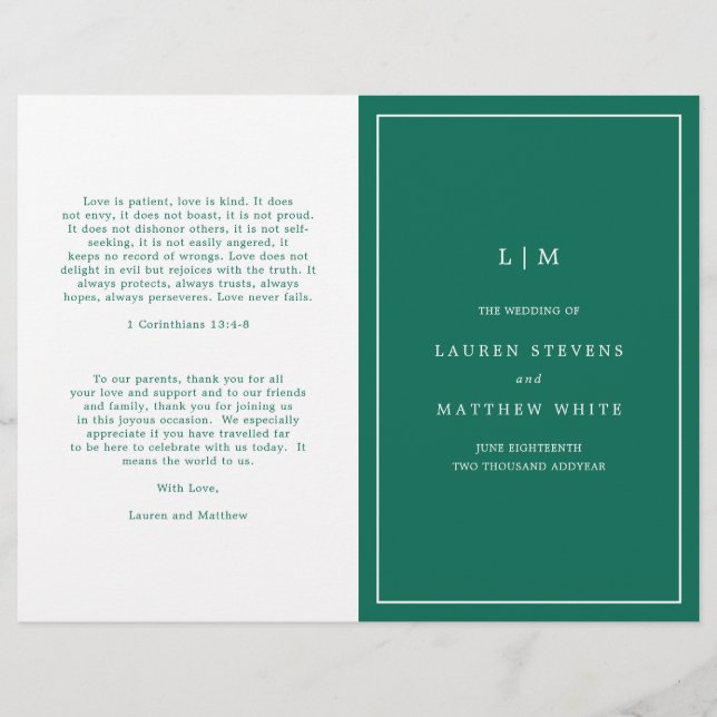 Simple Emerald Green Elegant Wedding Program (Vorderseite)