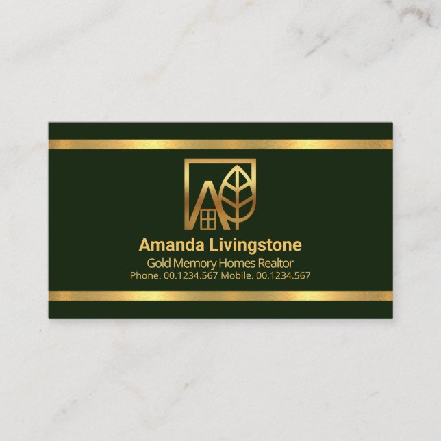 Simple Emerald Green Gold Borders Realtor Visitenkarte (Vorderseite)